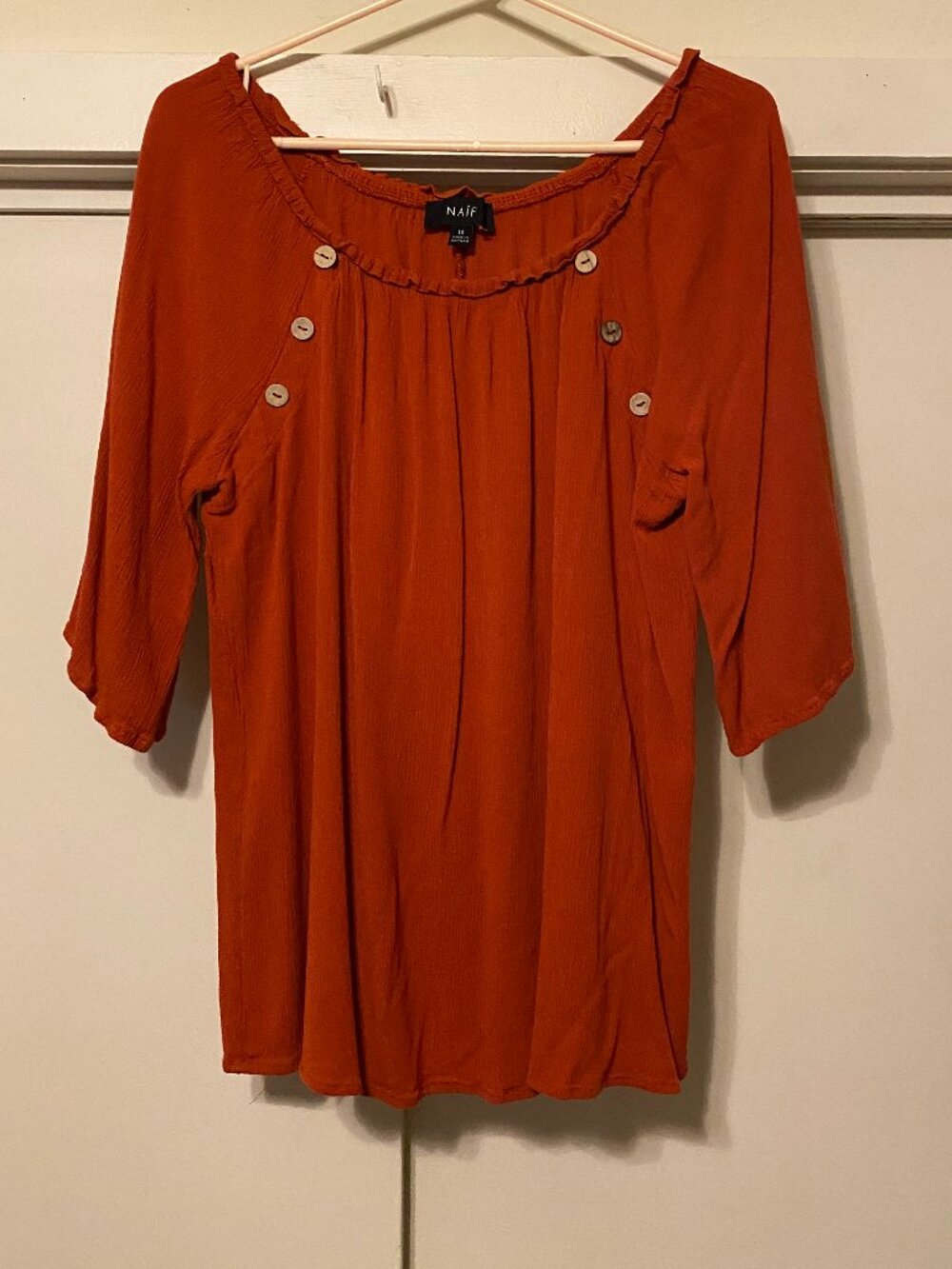 NAIF, burnt orange Boho blouse w/side buttons, size 1X